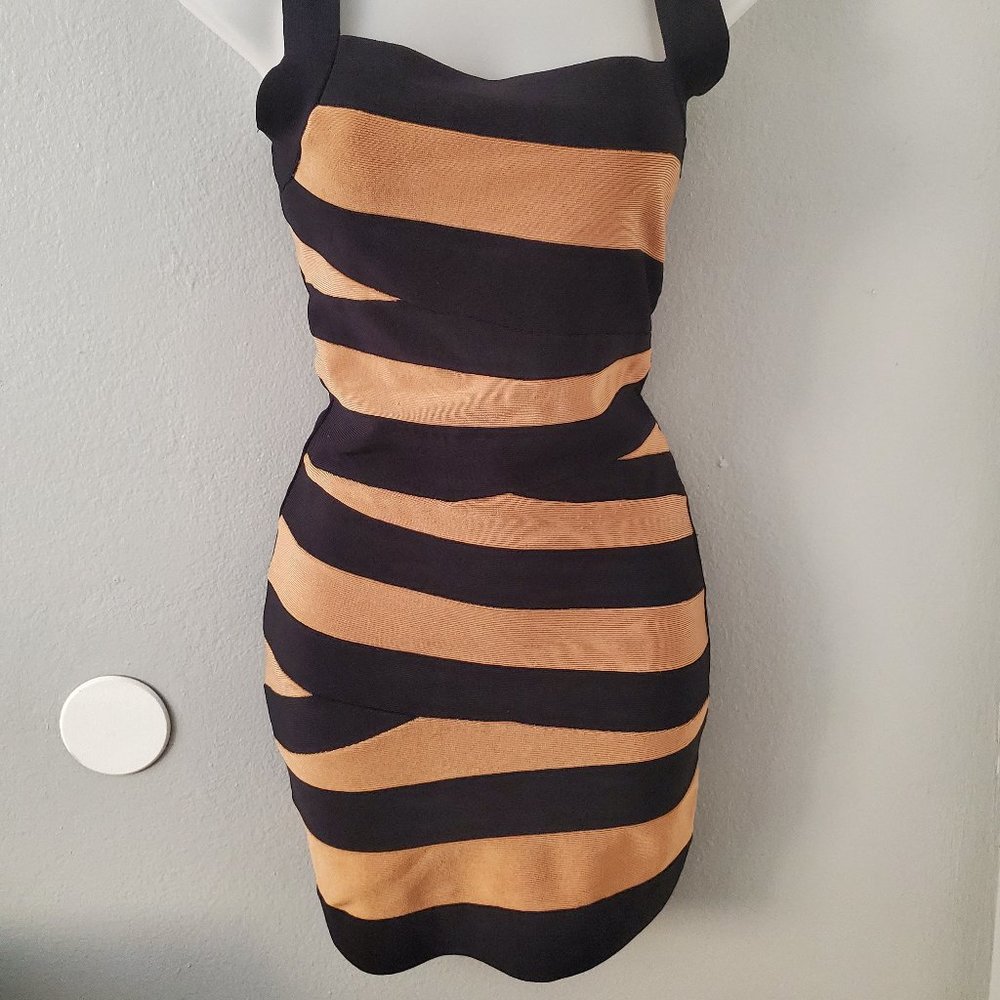 BEBE Bandage Bodycon Dress Black Gold Medium